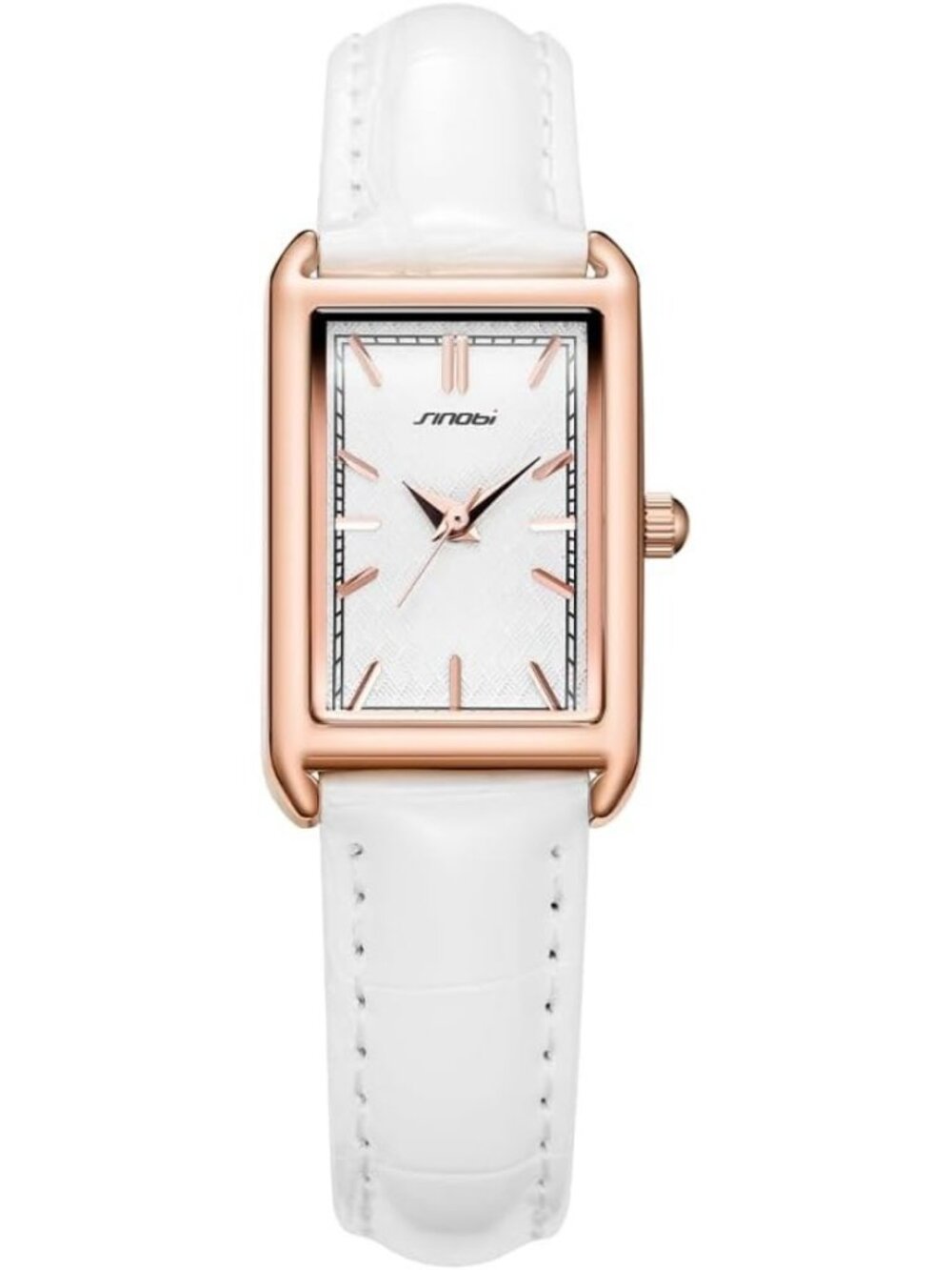 Women's White Gold Minimalist Causal Square Leather Strap Stylish Wrist Watch